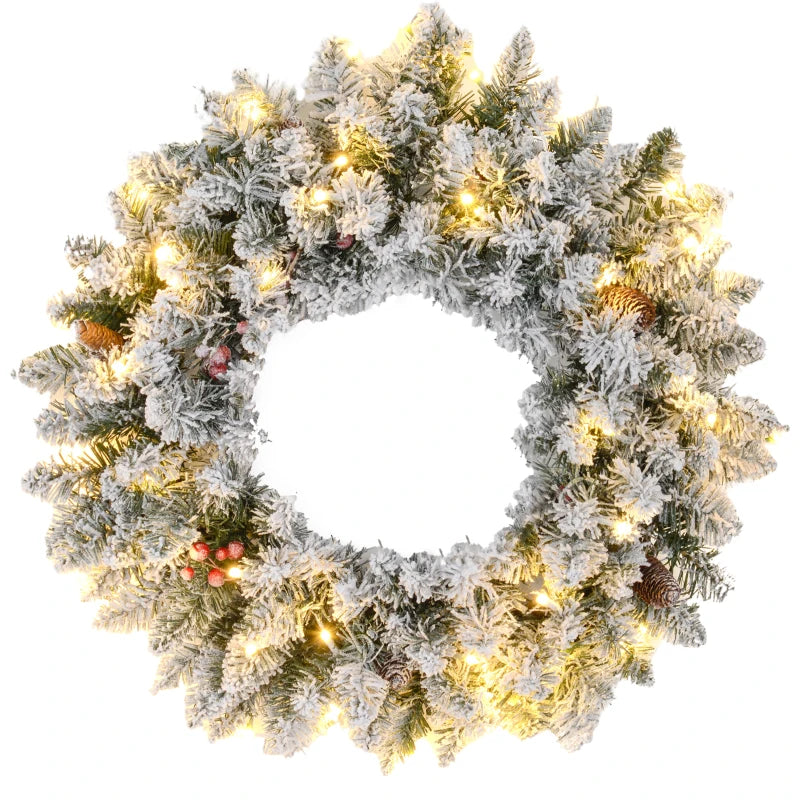 HOMCOM 24" Pre-Lit Artificial Christmas Wreath – Green Spruce with Cones, Red Berries & 20 LED Lights, Battery Operated 