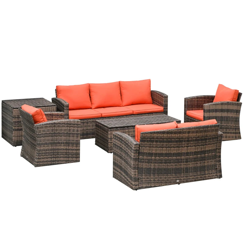 Outsunny 6 Piece Outdoor Rattan Wicker Sofa Set Sectional Patio Conversation Furniture Set w/ Storage Table & Cushion Orange