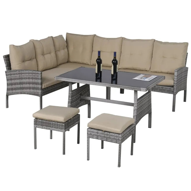 Outsunny 6 PCS Outdoor Patio Dining Table Sets All Weather PE Rattan Sofa Chair Furniture set Indoor Outdoor Backyard Garden with Cushions Khaki