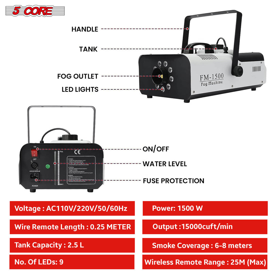 5 Core Fog Machine Indoor Outdoor 1500W 6000CFM Fogger Smoke Machine w LED 2.5 L Tank Remote