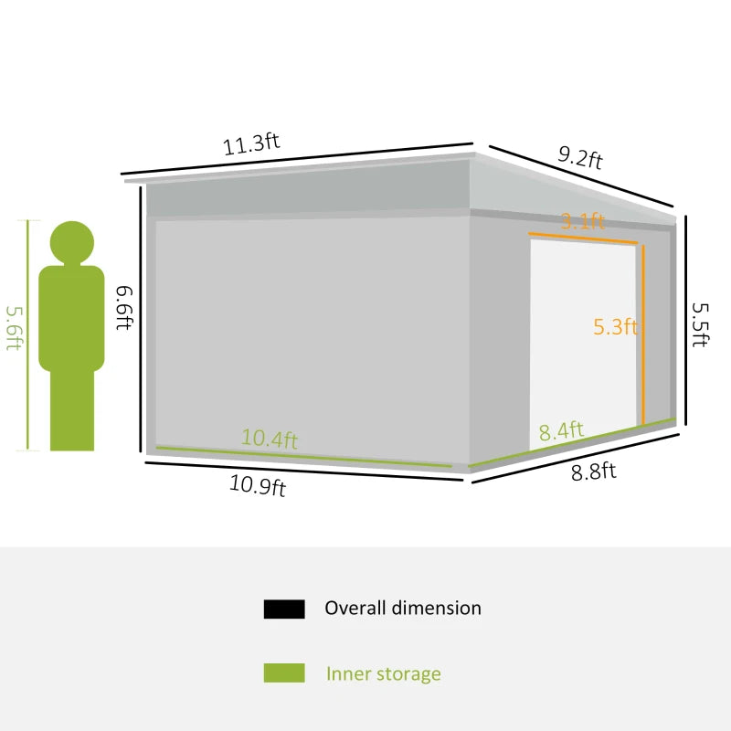 Outsunny 11' x 9' Steel Garden Storage Shed, Outdoor Metal Tool House with Double Sliding Doors & 2 Air Vents, Grey