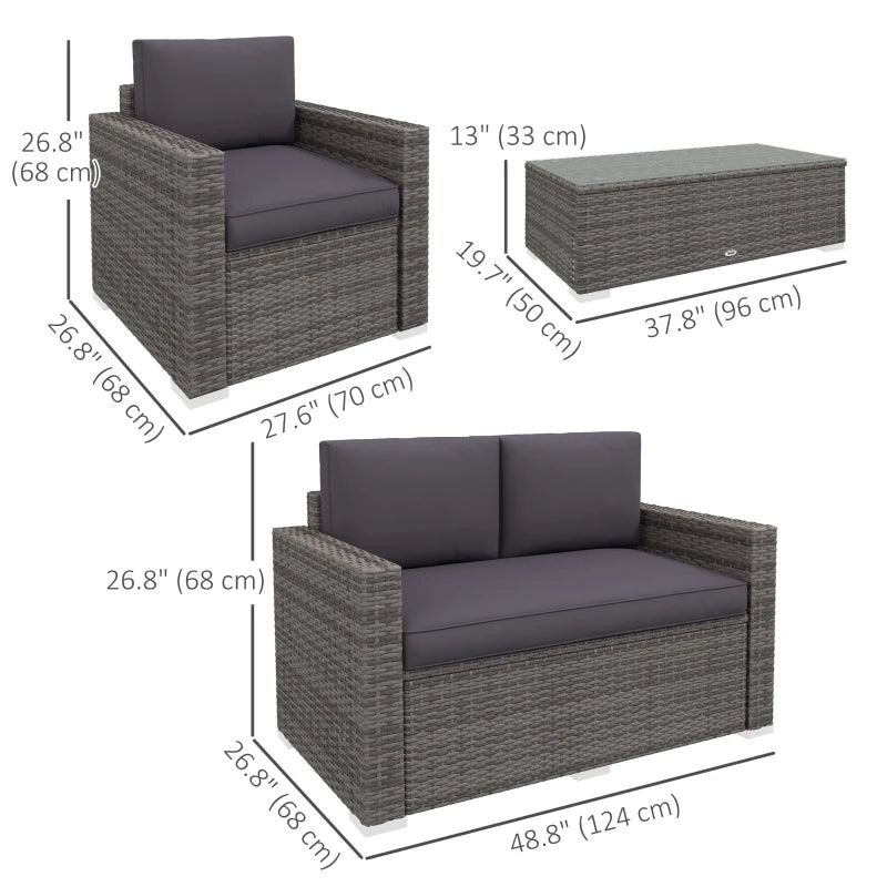 Outsunny Outdoor Furniture with Table, Wicker Furniture with Loveseat and 2 Chair for Garden, Poolside, Grey