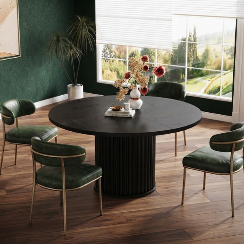 47" Round Dining Table, Wood Kitchen Table with Sturdy Fluted Metal Base, Modern Black Dining Table for 6 People