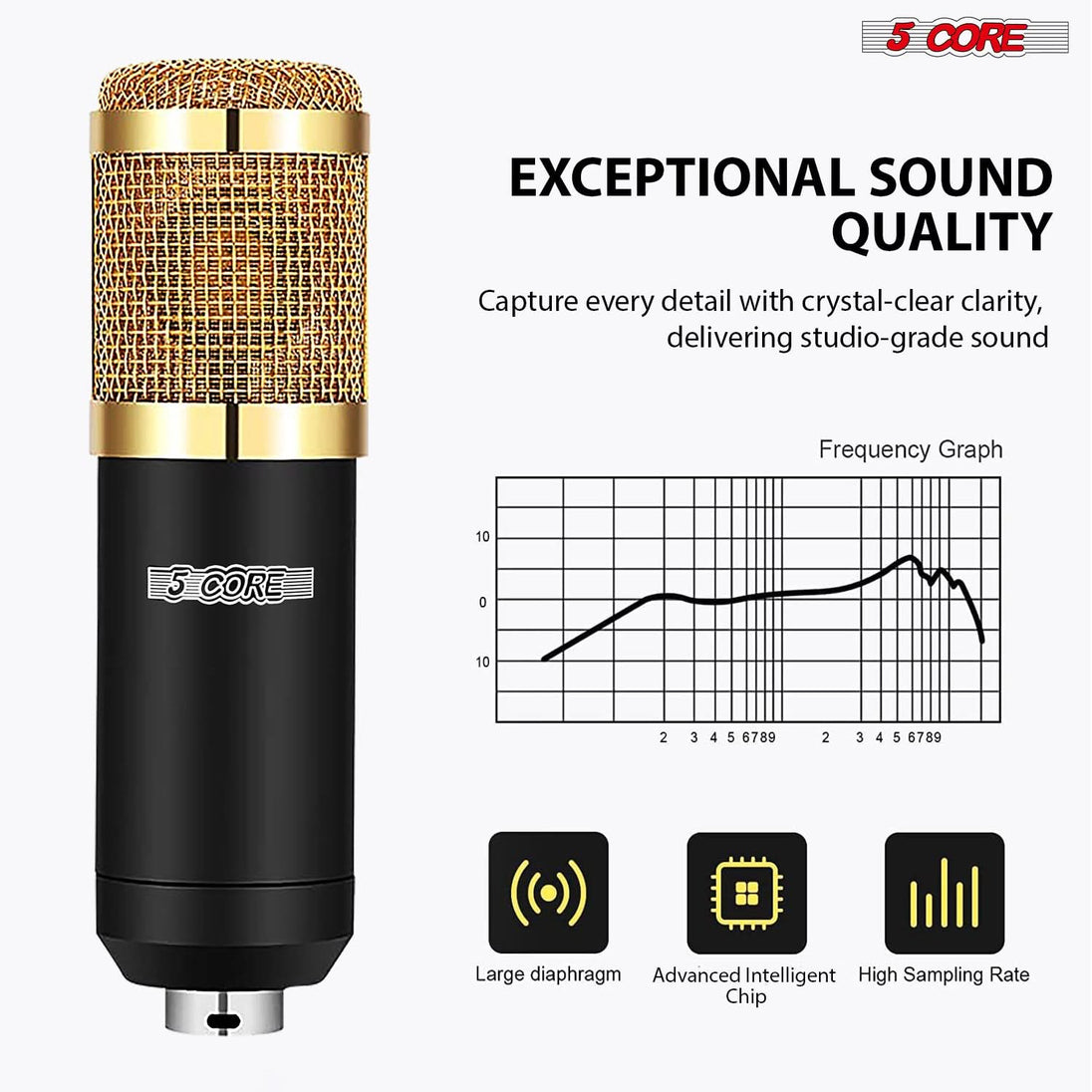 5Core Recording Microphone Podcast Bundle Professional Condenser Cardioid Mic Kit w Boom Arm