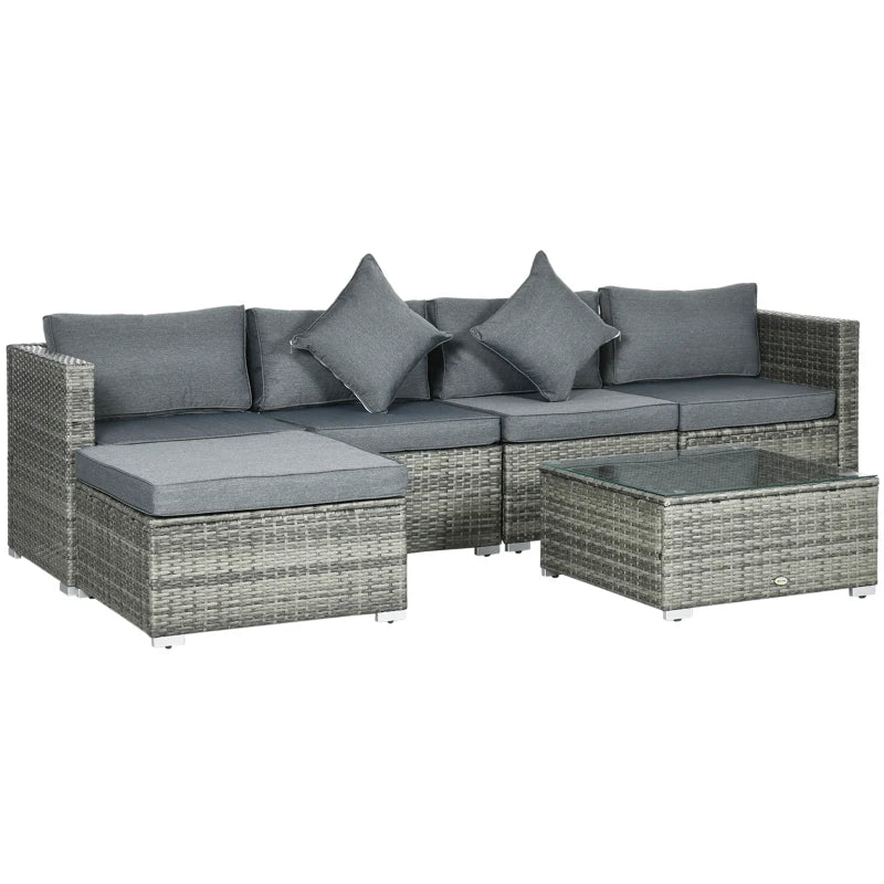 Outsunny 6 Pieces Outdoor PE Rattan Wicker Patio Furniture Sofa Set with Thick Cushions, Deluxe Garden Sectional Couch with Glass Top Table, Mixed Grey and Dark Grey