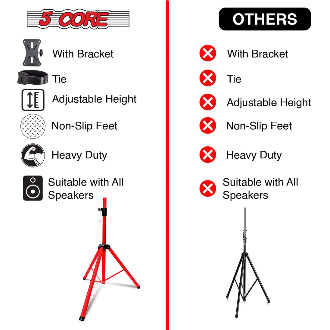 5Core Speaker Stand Tripod Tall Adjustable 72 Inch DJ Pole Mount Studio Monitor Stands RED