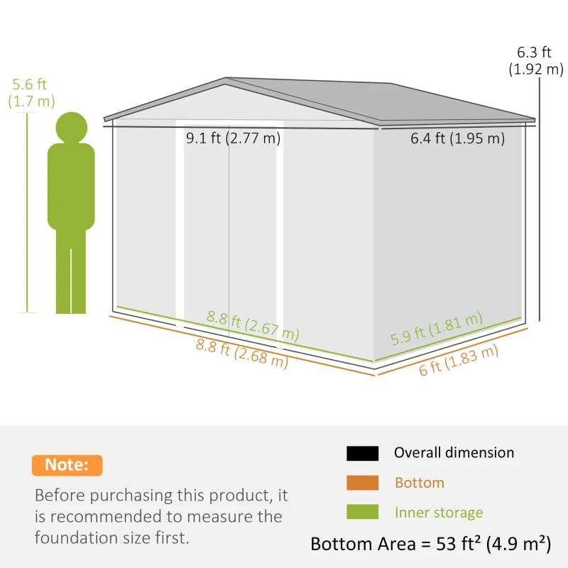 Outsunny 9.1'x6.4'x6.3' Garden Storage Shed w/ Floor Foundation Metal Tool Storage House w/ Double Doors Light Green