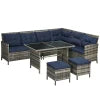 Outsunny 6pcs Outdoor Rattan Sofa Set Garden Wicker Sectional Couch Furniture Set with Dining Table and Chair Sky Blue