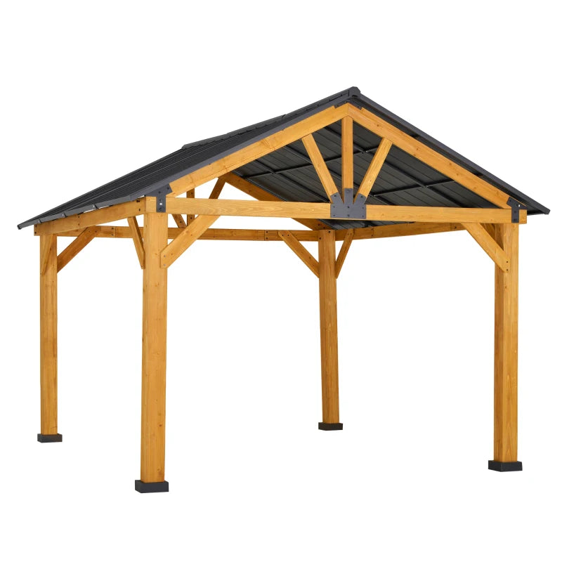 Outsunny 11' x 13' Wooden Gazebo Canopy Outdoor Sun Shade Shelter w/ Steel Roof, Solid Wood, Black & Natural