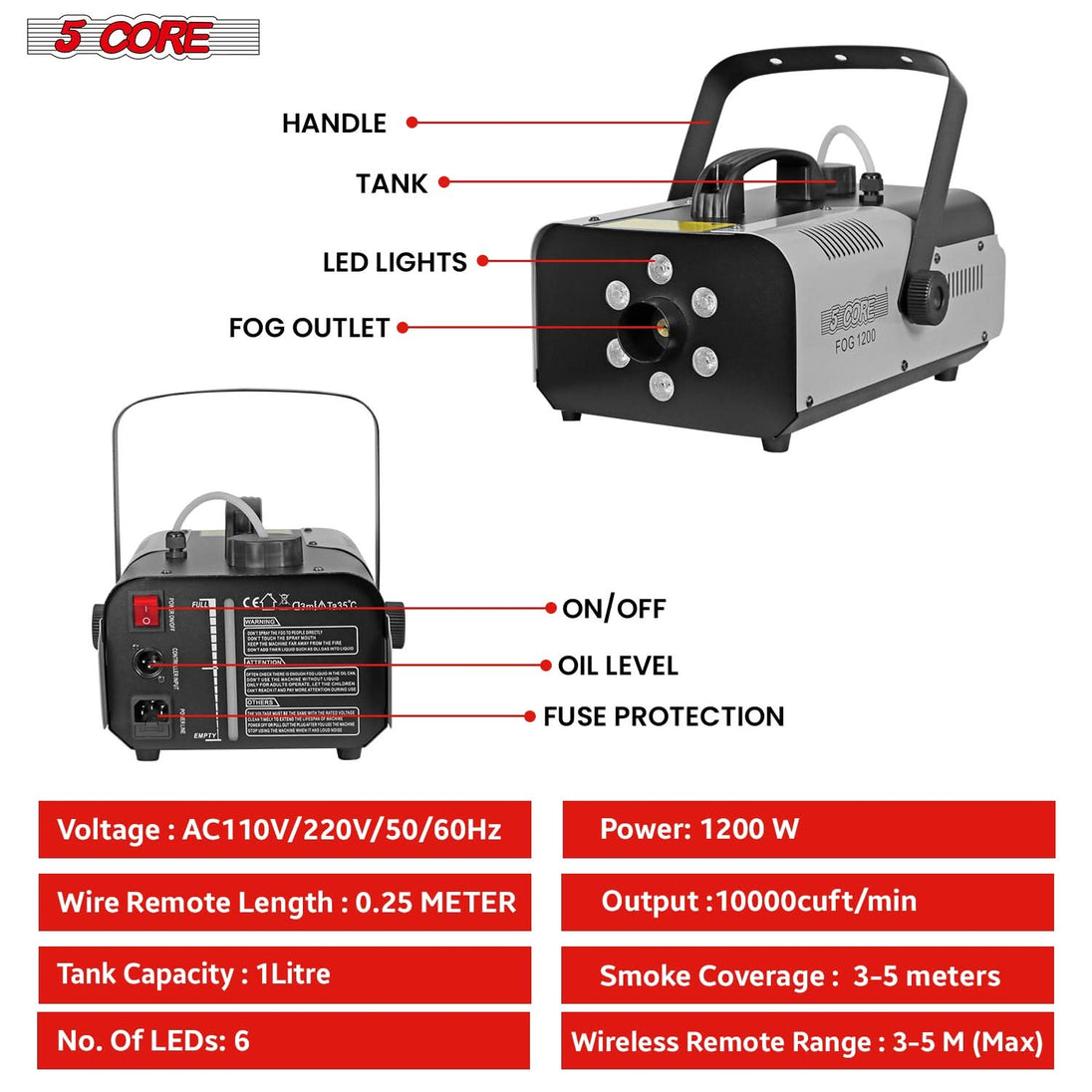 5Core Fog Smoke Machine 1200W Low Lying Indoor Outdoor 1L Fog Maker with LED Lights