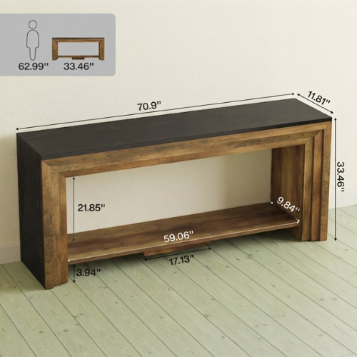 70.9" Farmhouse Console Table, Rustic Entryway Sofa Table with Bottom Storage Shelf, Brown & Black
