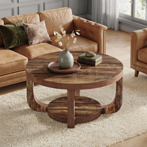 31.5" Round Coffee Table with 2-Tier Storage, Modern Farmhouse Circle Center Table with Thick Wood Top & Rustic Brown Finish