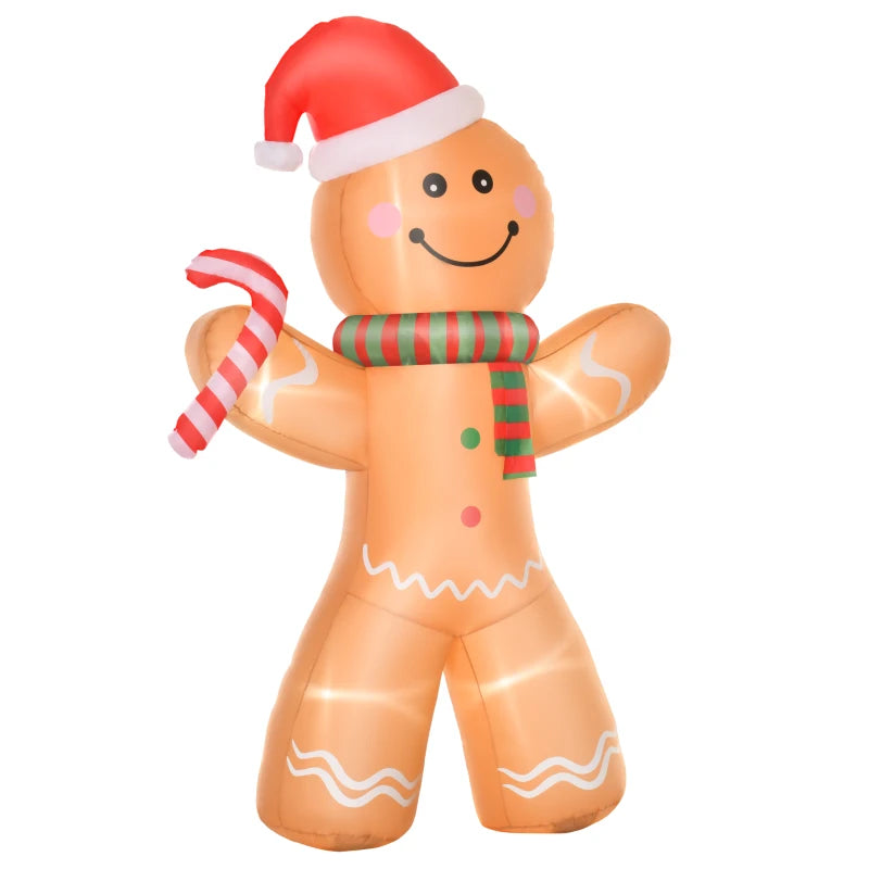 HOMCOM 8FT Inflatable Christmas Gingerbread Man with Candy Cane, Outdoor Blow Up Yard Decoration with LED Lights 