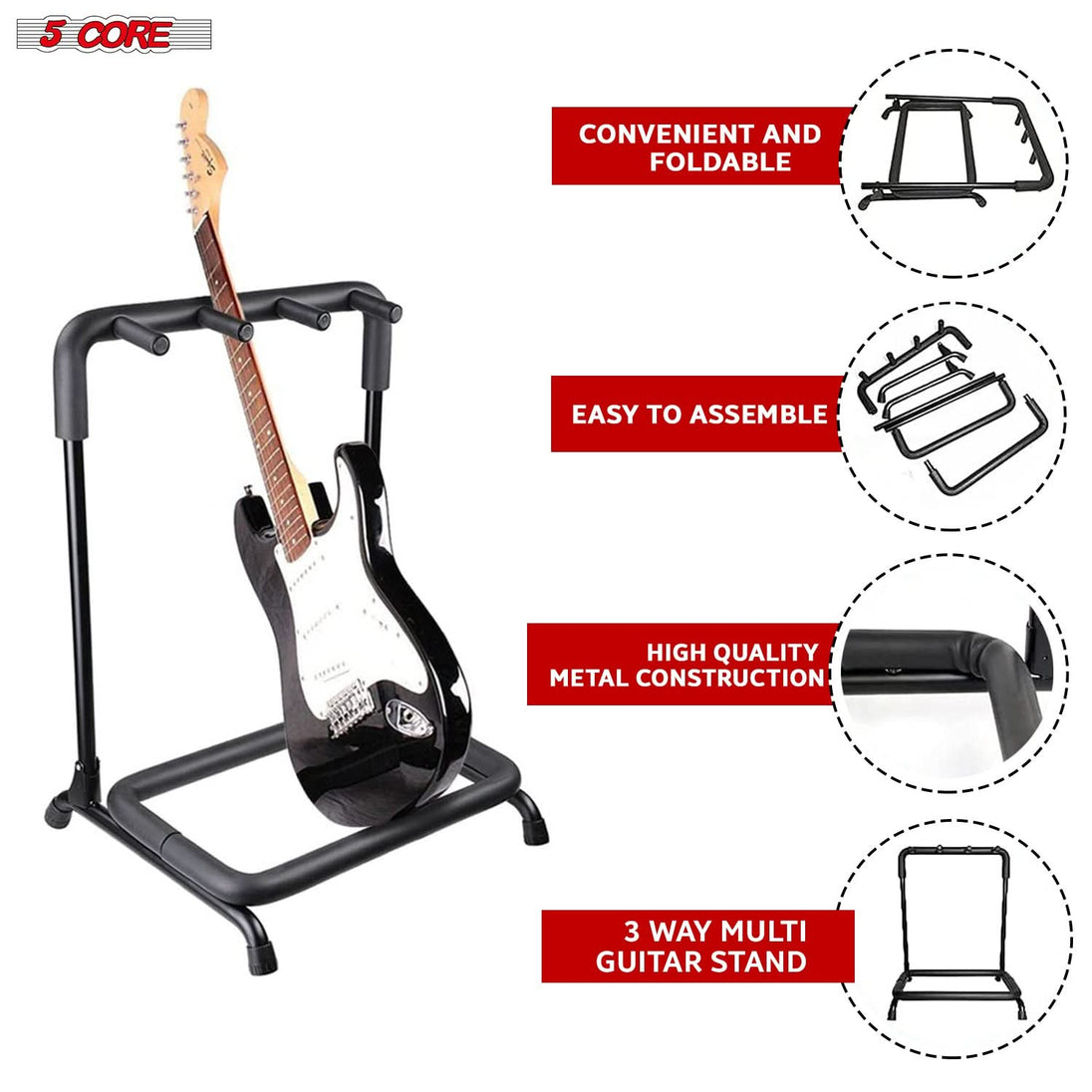 5Core Guitar Rack 3 Slot Multi Guitars Stands Floor Safe Storage for Electric Acoustic Flying V Guitars