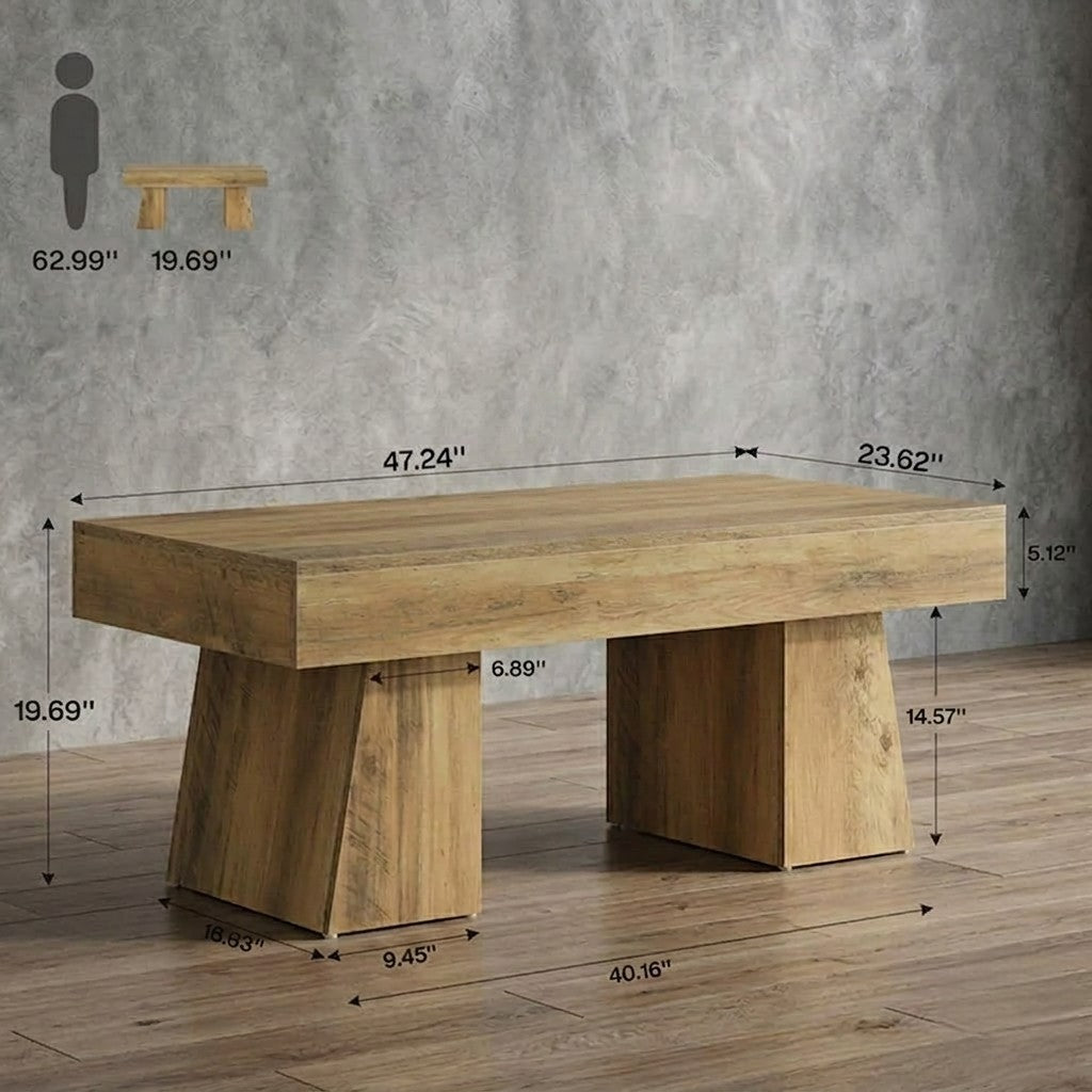Rustic Farmhouse Coffee Table, 47.24-Inch Rectangular Center Table with Solid Base