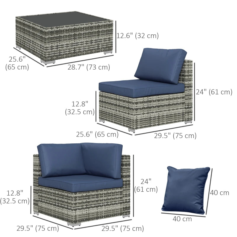 Outsunny 7pc Garden Wicker Sectional Set w/ Tea Table Patio Rattan Lounge Sofa Outdoor Deck Furniture Blue