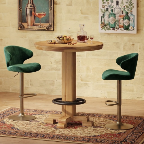 31.5" Round Solid Wood Bar Table, 37.4" High Bistro Cocktail Table with Crossed-Leg Base & Metal Footrest
