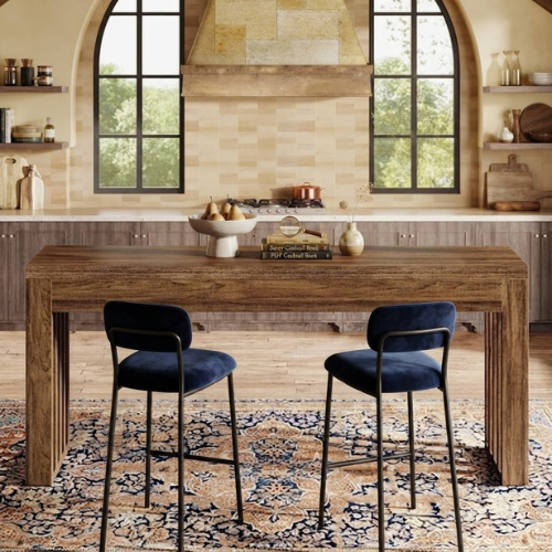 Bar Table 63" Farmhouse Counter Height Pub Dining Table for Bistro with Thick Tabletop and Slatted Base Design Rustic Brown