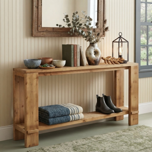 70.9" Solid Wood Console Table, 2-Tier Farmhouse Entryway Sofa Table for Hallway Natural Fir Wood