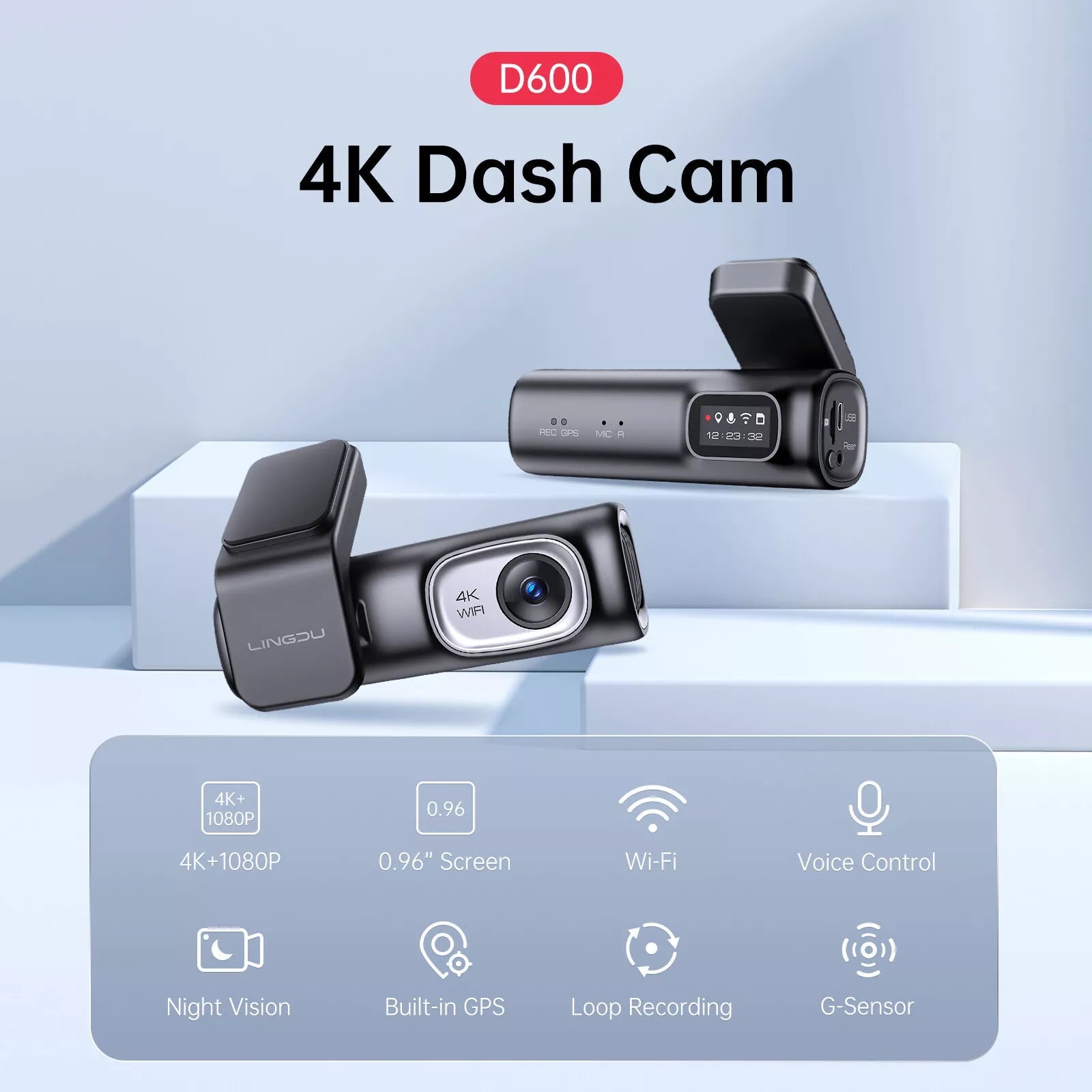 D600 4K Dash Cam Front and Rear, Free 64GB Card, Built-in 5G WiFi GPS Car Camera, Smart Voice Control, G-Sensor 24H Parking Mode, Loop Recording Night Vision, Max Up Support 128GB 