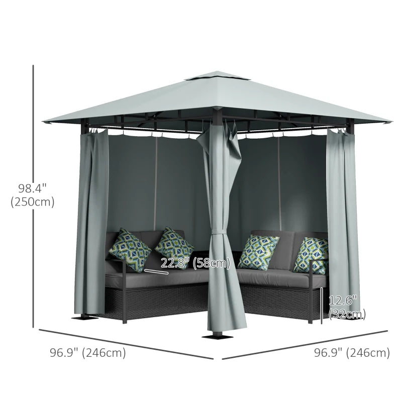 Outsunny Patio Furniture Set with Gazebo, Outdoor PE Rattan Wicker Conversation Sofa with Storage Corner Table, Cushion, for Backyard, Porch, Poolside, Balcony, Grey