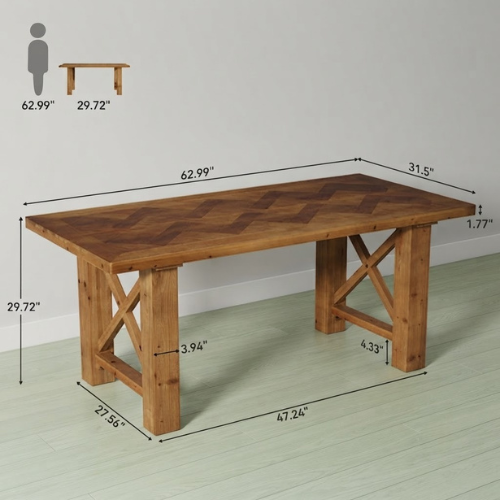 Computer Desk 63" Solid Wood Herringbone Parquet Top Executive Office Desk Brown