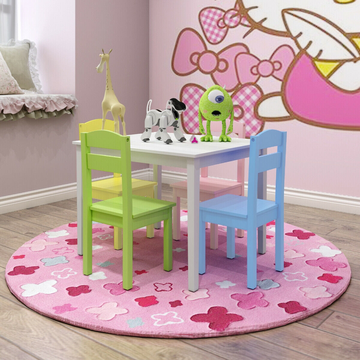 5 Pieces Kids Pine Wood Table Chair Set-Clear