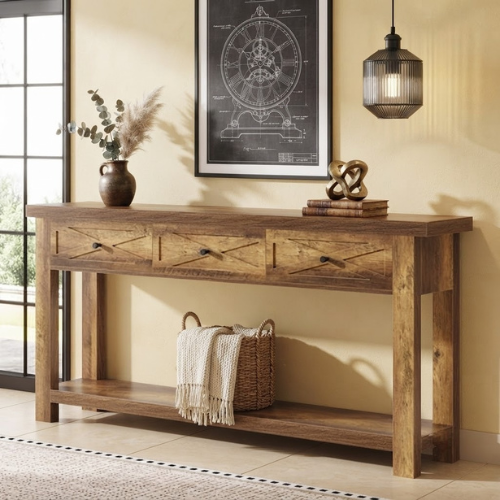 70.9" Farmhouse Console Table with 3 Drawers, Narrow Entryway Sofa Table with Storage Shelf Rustic Brown