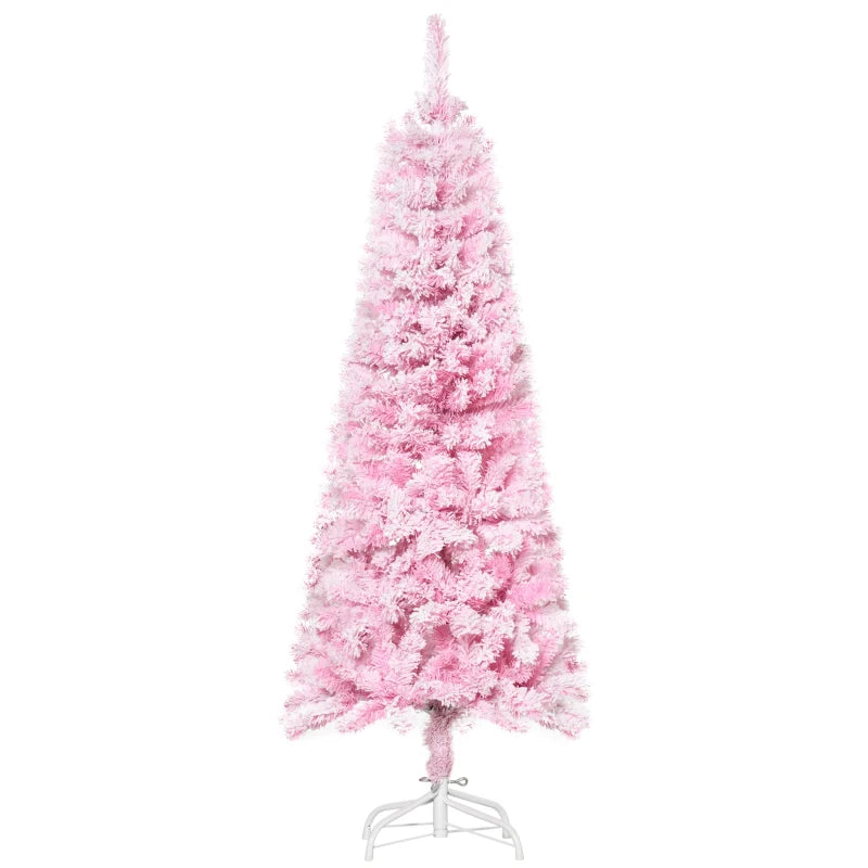 HOMCOM 5ft Snow-Flocked Artificial Christmas Tree – Slim Pencil Design, Realistic Branches, Auto Open, Steel Base, Pink 