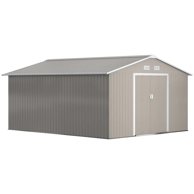 Outsunny 11' x 13' Practical Backyard Garden Storage Tool Shed Double Sliding Door 4 Ventilation Slots, Light Grey