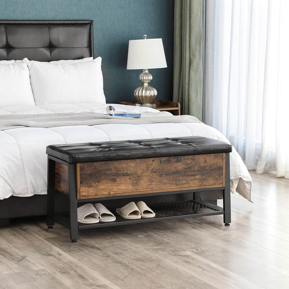 VASAGLE Industrial Storage Bench with Padded Seat and Metal Shelf 