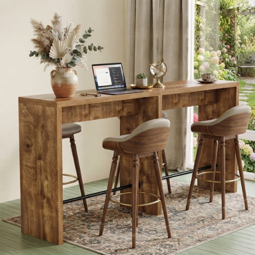 78.74" Narrow Bar Table, Long High-Top Pub Table with Iron Footrest, Counter Height Dining Table for Kitchen & Commercial Use