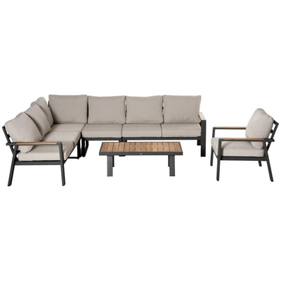 Outsunny 6-Piece L-shaped Patio Furniture Set for 7, Aluminium Conversation Set Sectional Corner Sofa Set with Widened Seat, Teak Wood Top Coffee Table & Cushions, Cream White 