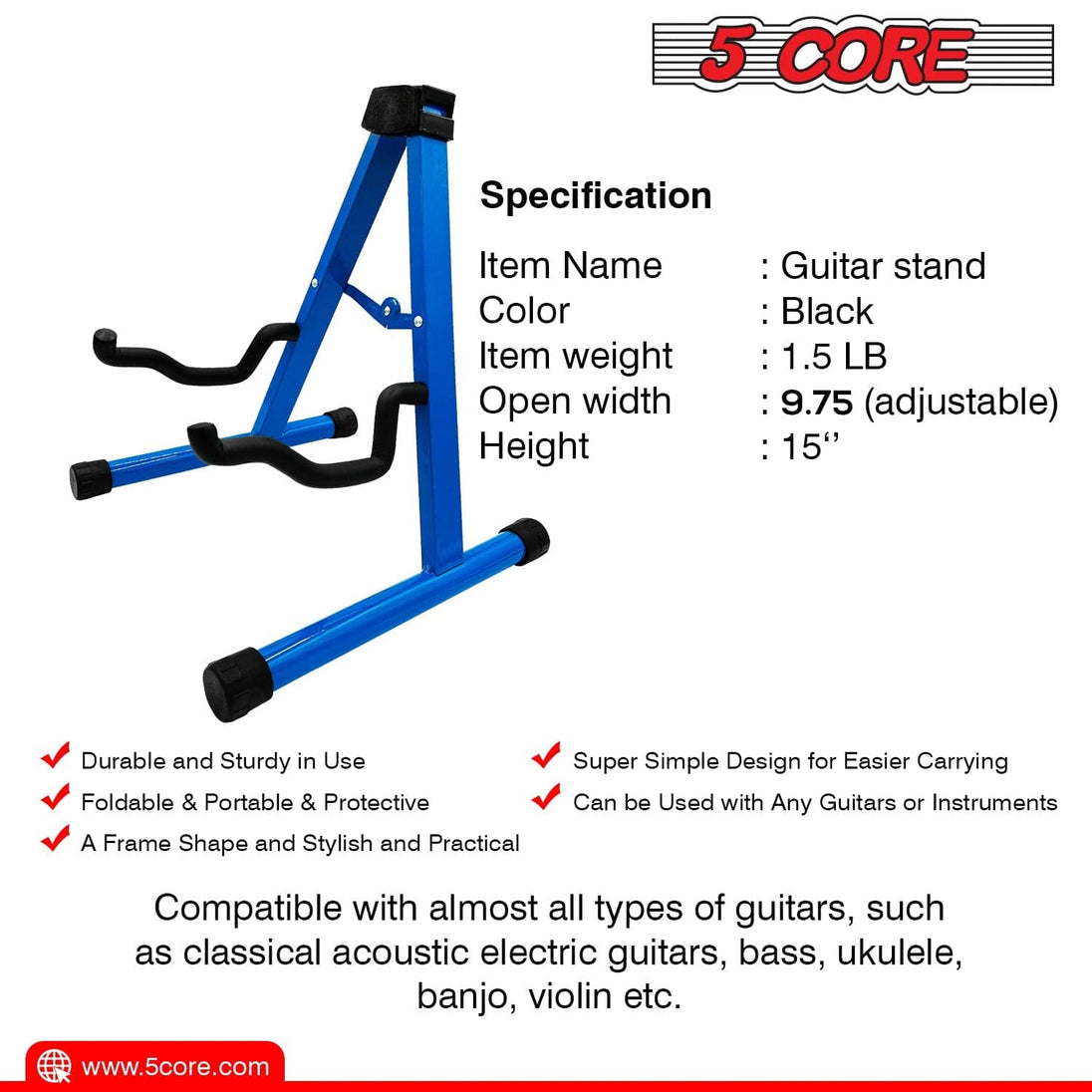 5Core Guitar Stand Floor A Frame Electric Acoustic Bass Soporte Para Guitarra BLUE