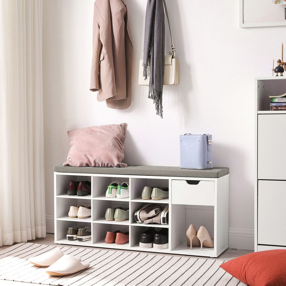 VASAGLE Storage Bench with Cushion, Drawer and Open Compartments 
