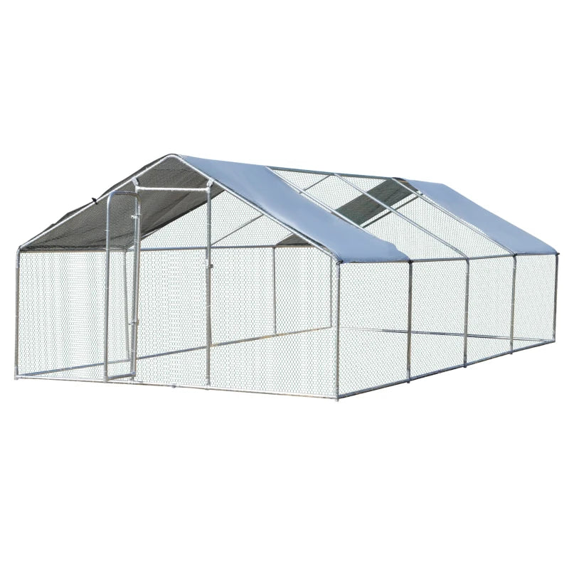 PawHut Chicken Run Walk-In Metal Chicken Coop, 3 Rooms Galvanized Poultry Cage Outdoor with Waterproof UV-Protection Cover for Rabbits, Ducks, 9.8' x 26.2' 