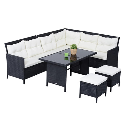Outsunny 6pcs Outdoor Rattan Sofa Set Garden Wicker Sectional Couch Furniture Set with Dining Table and Chair White 