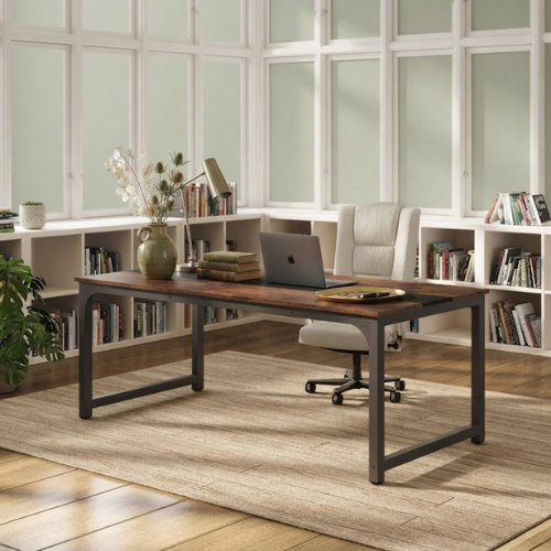 Conference Table 70.86" Rectangular Meeting Table Computer Desk for Office Training Room with Metal Frame Scratch Resistant Rustic Brown & Black