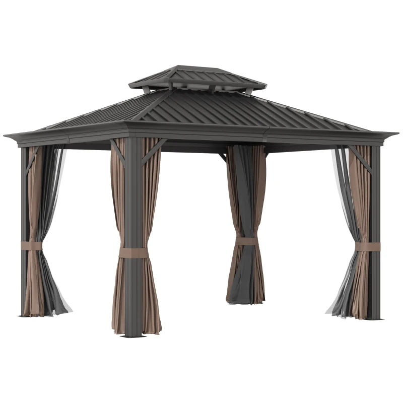 Outsunny 10' x 12' Outdoor Hardtop Gazebo with Galvanized Steel Canopy & Netting Sidewalls for Lawn, Backyard, Brown