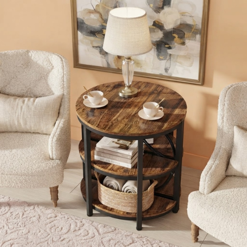 23.62" Half-Round End Table, 3-Tier Narrow Side Table with Metal Frame, Rustic Brown Half-Moon Sofa Table