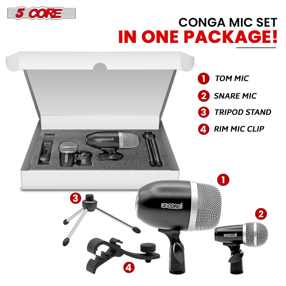 5Core Conga Mic Snare Tom Microphone Drum Kit Condenser XLR Instrument Mics BLACK