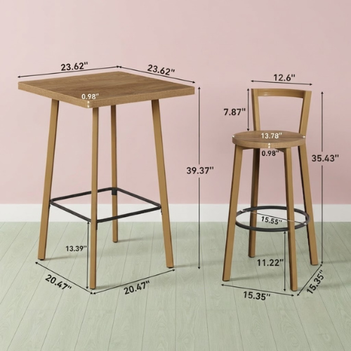 Bar Table Set 39.4" Square High-Top Bistro Pub Table with 2 Chairs Compact Space-Saving Design with Footrests Oak Finish for Home Kitchen Balcony