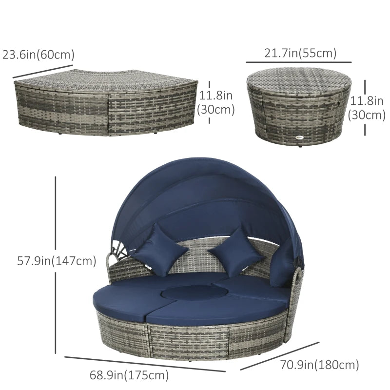 Outsunny 4 Pieces Outdoor Daybed with Retractable Canopy, PE Rattan Wicker Round Sofa Day Bed, Patio Sectional Conversation Furniture Set with Cushions and Pillows, Dark Blue 