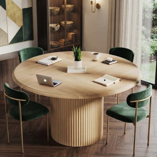 47" Round Conference Table with Fluted Metal Base, Meeting Table for 4–6 People, Modern Office Desk Light Brown
