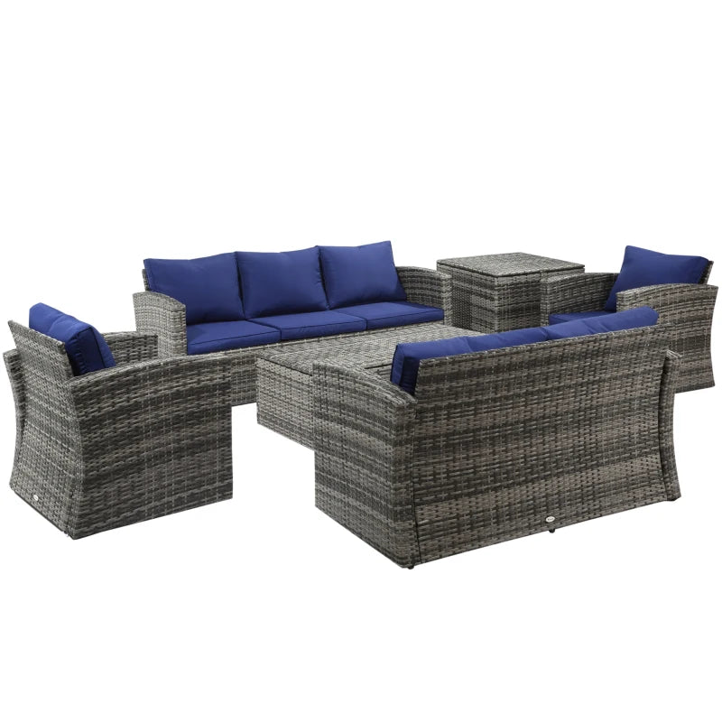 Outsunny 6 Piece Patio Furniture Set, Rattan Wicker Patio Sofa Set Sectional Outdoor Conversation Sofa Set Storage Table & Cushions, Blue