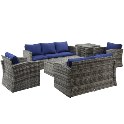 Outsunny 6 Piece Patio Furniture Set, Rattan Wicker Patio Sofa Set Sectional Outdoor Conversation Sofa Set Storage Table & Cushions, Blue 