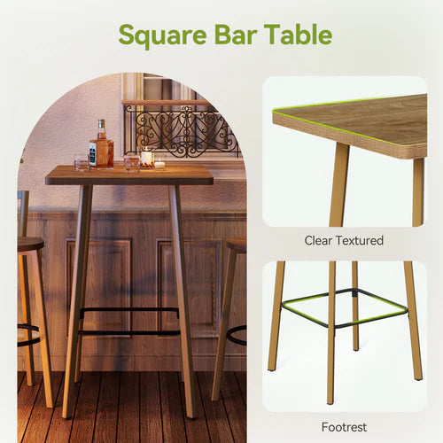 Bar Table Set 39.4" Square High-Top Bistro Pub Table with 2 Chairs Compact Space-Saving Design with Footrests Oak Finish for Home Kitchen Balcony