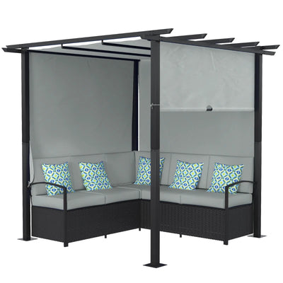 Outsunny Wicker Patio Furniture, Outdoor PE Rattan Sofa Set with Retractable Canopy Pergola, Shade Shelter for Deck, Pool, Garden, Terrace, Grey 