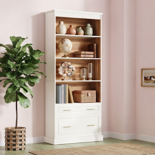 Bookshelf 72" 5-Shelf Bookcase with Drawers Freestanding Display Shelf White
