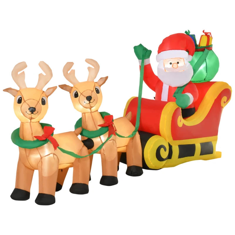 HOMCOM 4.5FT Inflatable Christmas Decoration with Santa Sleigh & 3 Reindeer, Outdoor Blow Up with LED Lights 